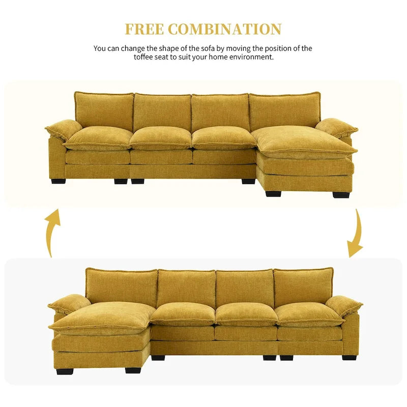 118*55 L-shaped Chenille Cloud Sofa with Double Seat Cushions, 5-seat Upholstered Sleeper Sofa Couch with Chaise Lounge