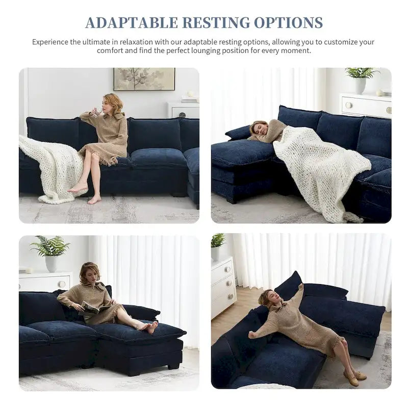 118*55 L-shaped Chenille Cloud Sofa with Double Seat Cushions, 5-seat Upholstered Sleeper Sofa Couch with Chaise Lounge
