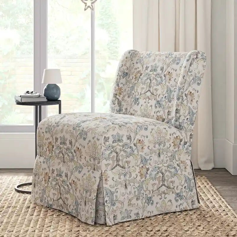 Farmhouse Armless Slipper Chair with Washable Slipcover and Solid Wood Legs
