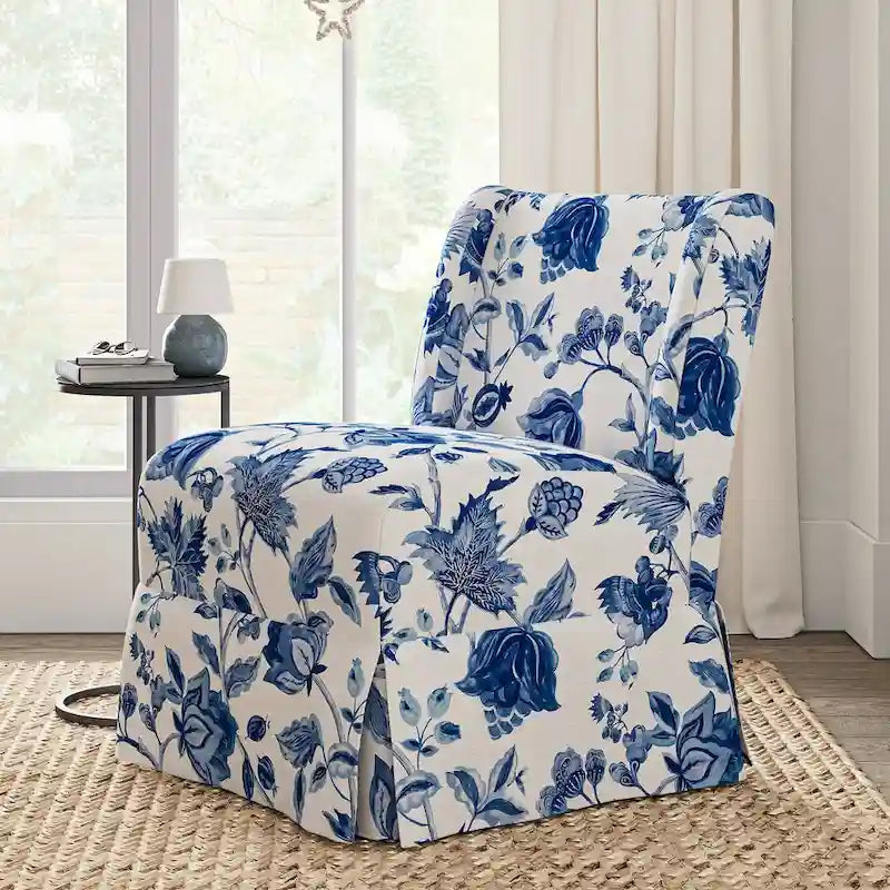 Farmhouse Armless Slipper Chair with Washable Slipcover and Solid Wood Legs