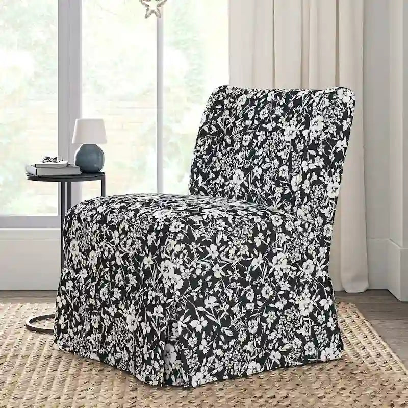 Farmhouse Armless Slipper Chair with Washable Slipcover and Solid Wood Legs