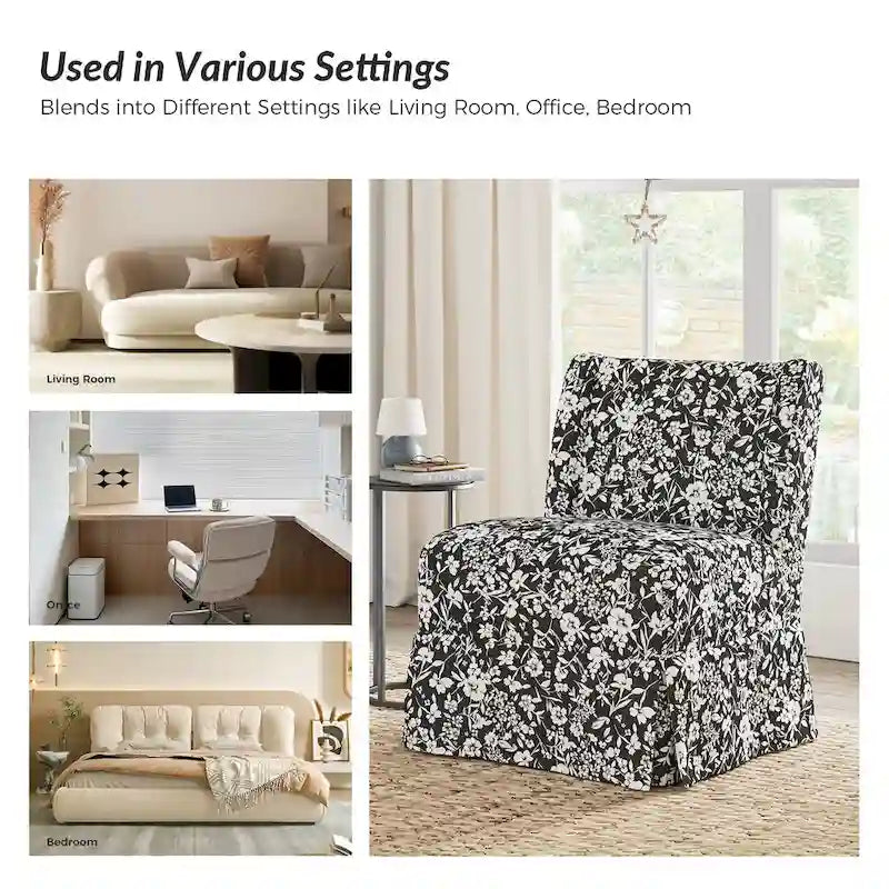 Farmhouse Armless Slipper Chair with Washable Slipcover and Solid Wood Legs