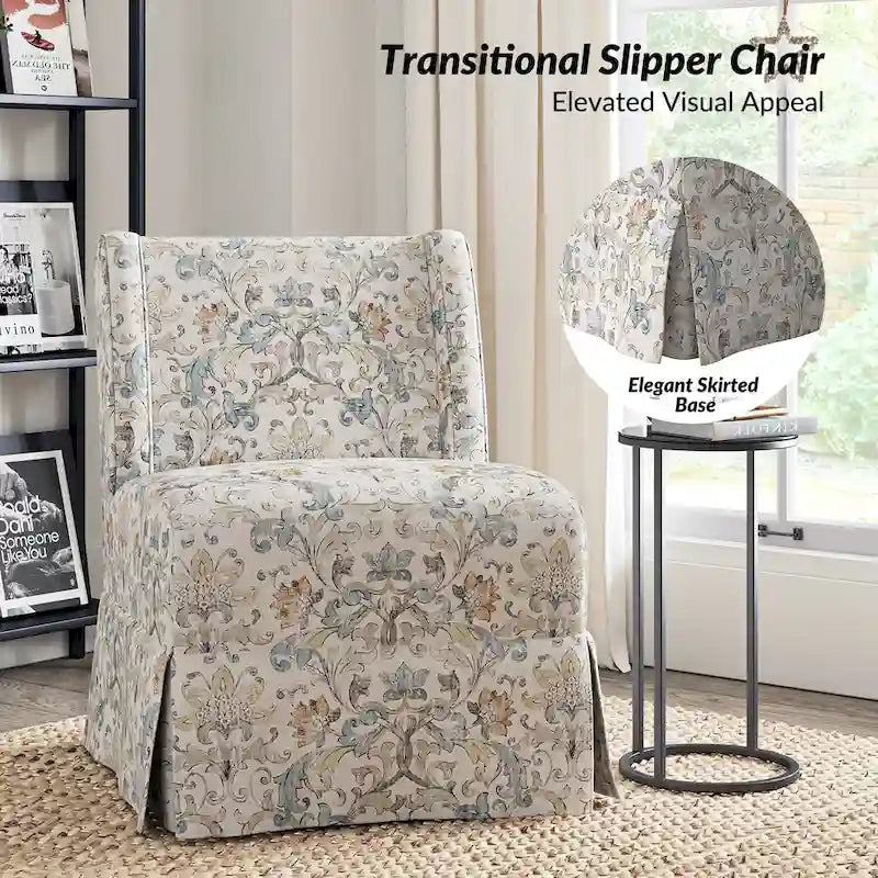 Farmhouse Armless Slipper Chair with Washable Slipcover and Solid Wood Legs