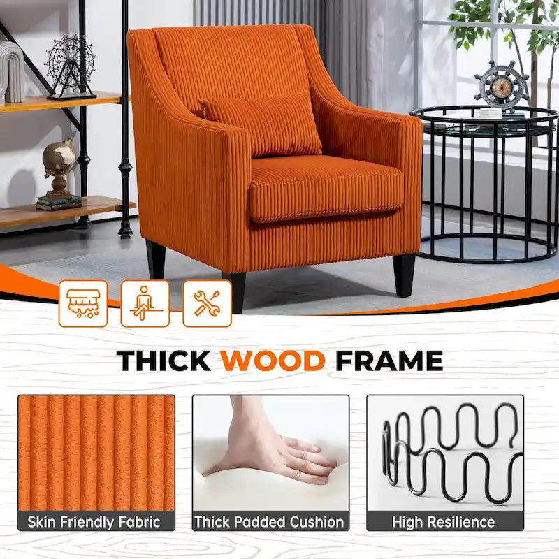 Corduroy Upholstered Mid-Century Modern Wood Frame Armchair for Living Room