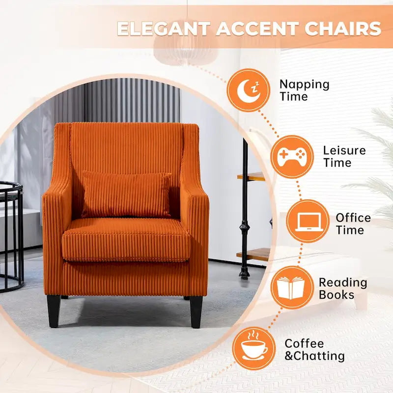 Corduroy Upholstered Mid-Century Modern Wood Frame Armchair for Living Room