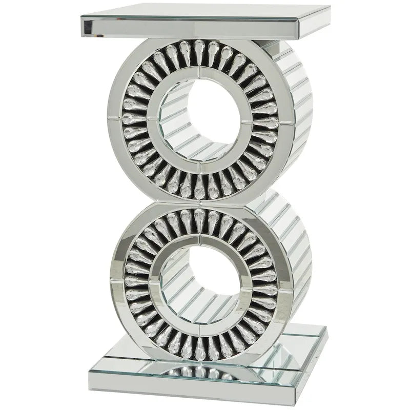 Glass Mirrored Silver Side End Accent Table with Crystal Embellishment