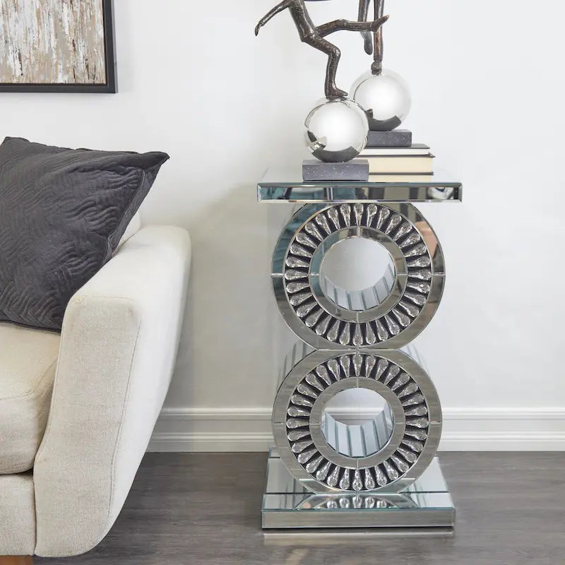 Glass Mirrored Silver Side End Accent Table with Crystal Embellishment
