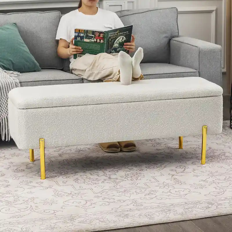 47-Inch Upholstered Storage Ottoman Bench with Metal Legs for Bedroom or Living Room