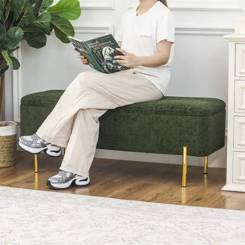 47-Inch Upholstered Storage Ottoman Bench with Metal Legs for Bedroom or Living Room
